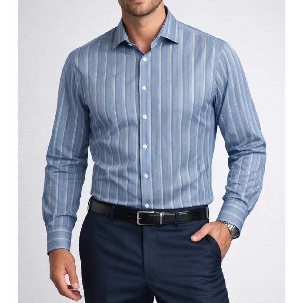 Kenneth Cole Reaction Men's Dress Shirt 17.5 36-37 Regular Fit Blue Gray Striped